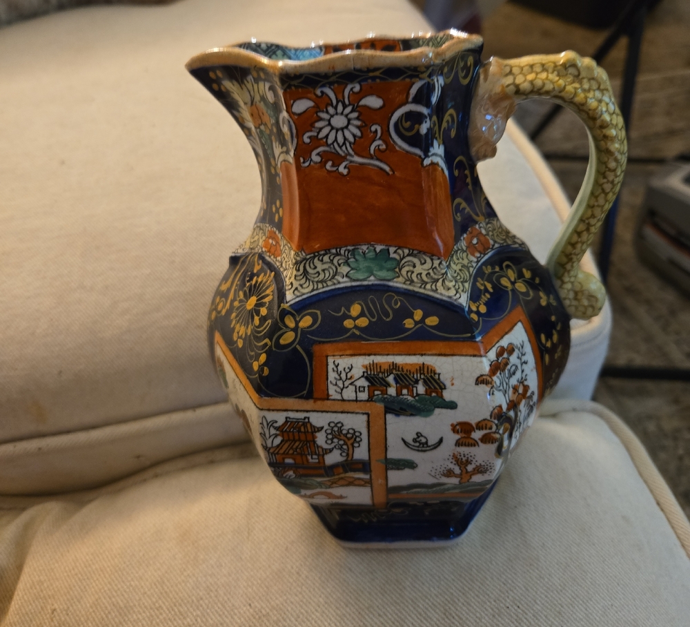 Vintage Ceramic Pitcher with Floral and Scenic Design